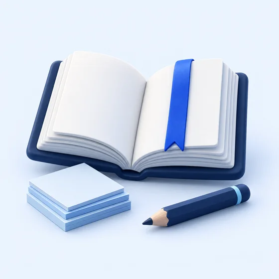 كتاب مفتوح وأوراق للمراجعة وقلم
